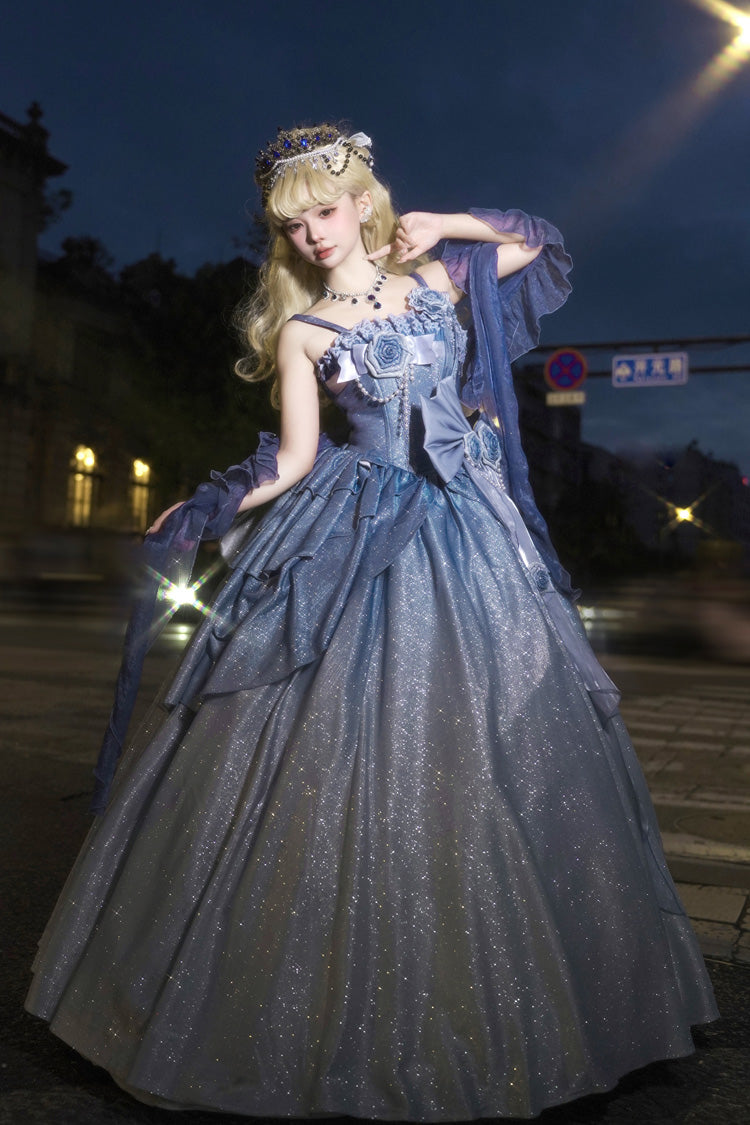 Blue Capture The Stars Hanayome Bowknot Shiny Sweet Princess Lolita Jsk Dress - Blue - 1