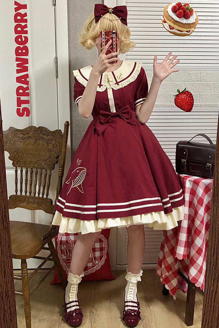 Little Sea Whale Navy Sailor Short Sleeves Sweet Lolita OP Dress 3 Colors - Product - 6