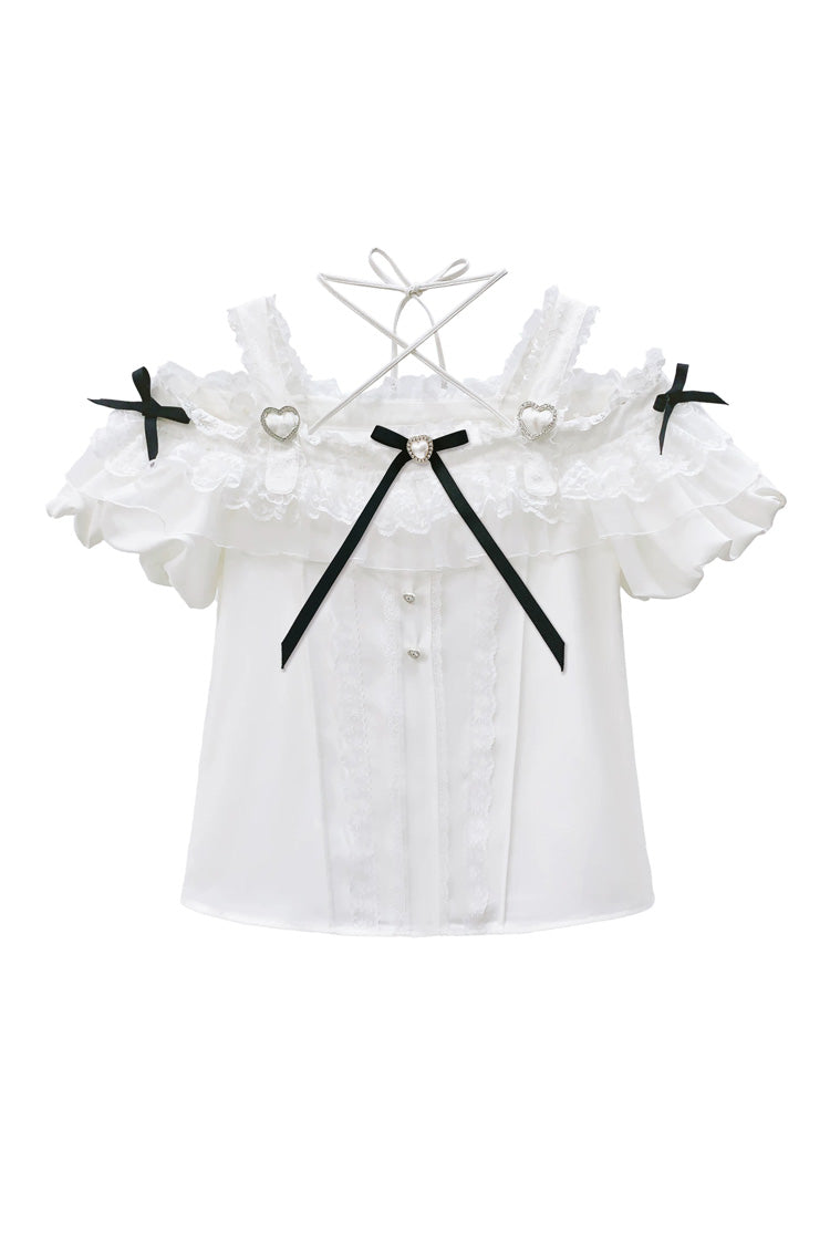Black/White [Sixteenth Night] Off Shoulder Short Sleeves Plaid Printed Bow Classic Japanese Jirai Kei Skirt Set - Top(Only) - 9