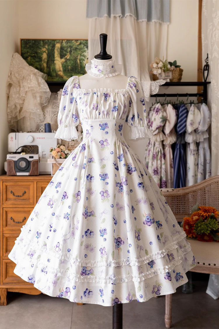 [Forest Basket] Print Short Sleeves Ruffle Lace Sweet Elegant Lolita Dress 6 Colors - Blueberry - 3
