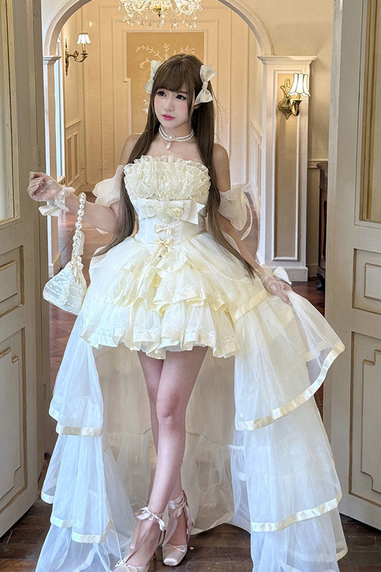 Beige [Mousse Love Song] Off Shoulder Sleeveless Triple-Layered Ruffled Hanayome Bow Sweet Elegant Ballet Lolita Short Dress Set - Product - 3