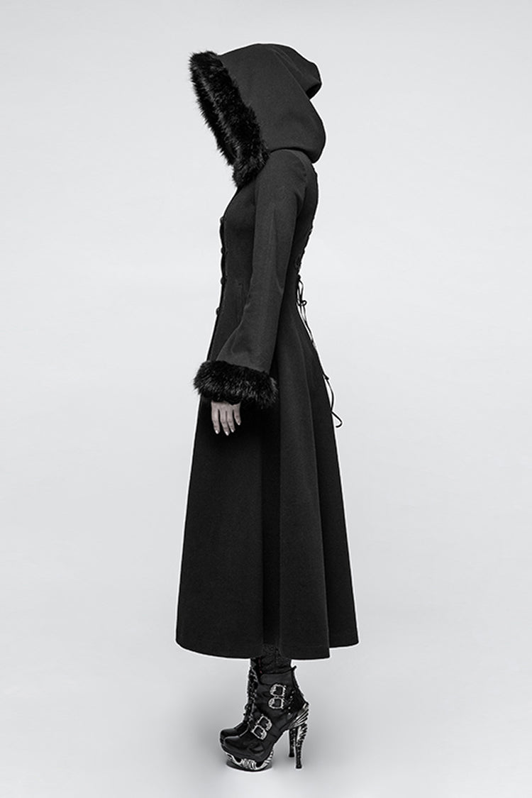 Black Hooded Print Womens Single-Breasted Long Maxi Gothic Coat - Product - 3