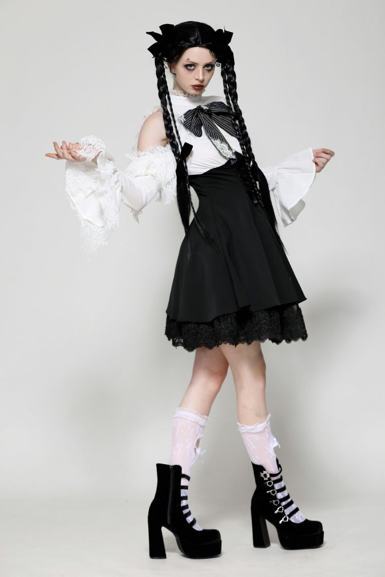 Black/White Lace High Collar Asymmetric Long Trumpet Puff Sleeves Bowknot Women's Lolita Gothic Short Dress - Product - 6