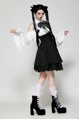 Black/White Lace High Collar Asymmetric Long Trumpet Puff Sleeves Bowknot Women's Lolita Gothic Short Dress - Product - 6