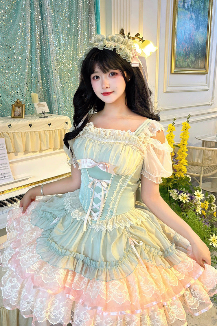 Green [Bale Bebe] Sleeveless Triple-Layered Ruffled Bow Lace-Up Sweet Ballet Lolita Dress - Product - 2