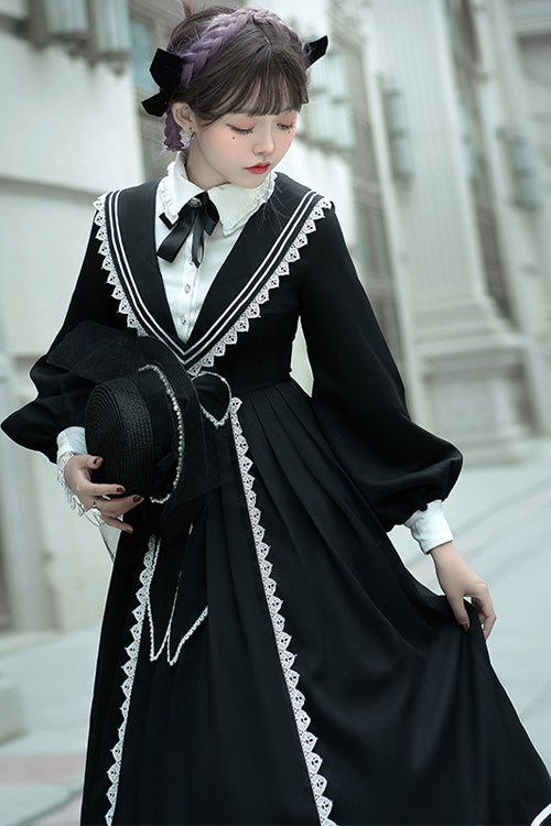 Black Elegant Bowknot Long Sleeves College Style Gothic Lolita Dress - Product - 4