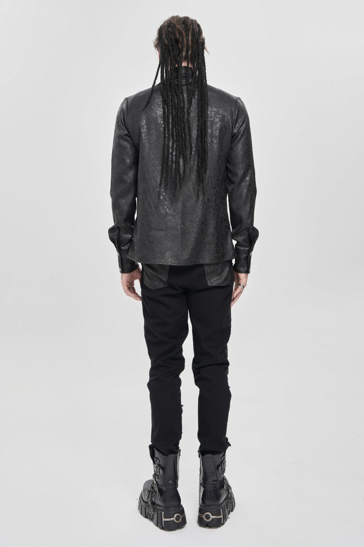 Black Lapel Collar Long Sleeves Buckled Strappy Chain-Decorated Men's Punk Shirt - Product - 7
