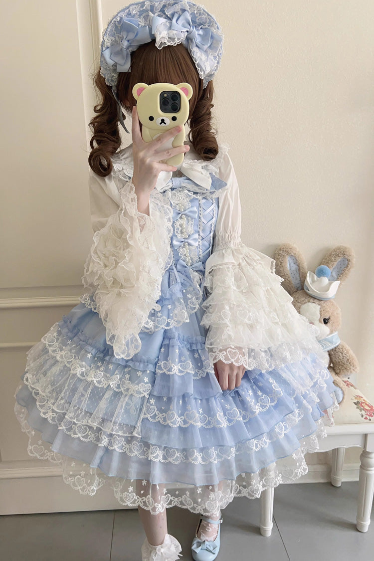 Blue [Love Overture] Multi-Layered Ruffle Bowknot Lace Sweet Lolita Jsk Dress - Product - 4
