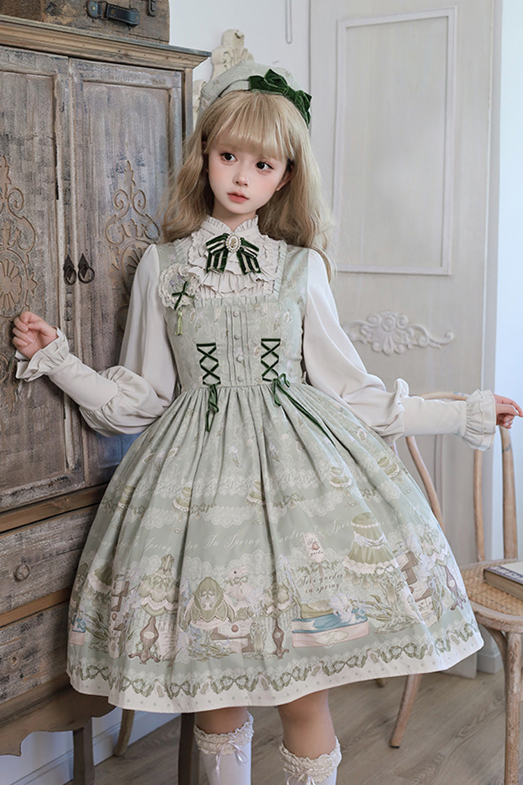 [Iris Study] Square Collar Print Bowknot Lace-Up Sweet Lolita Jumper Dress 2 Colors - Green - 1