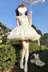 Green [Leiffu] Sleeveless Ruffle Bowknot Lace Lace-Up Sweet Ballet Lolita Jsk Dress - Product - 3