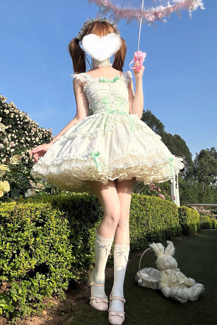 Green [Leiffu] Sleeveless Ruffle Bowknot Lace Lace-Up Sweet Ballet Lolita Jsk Dress - Product - 3