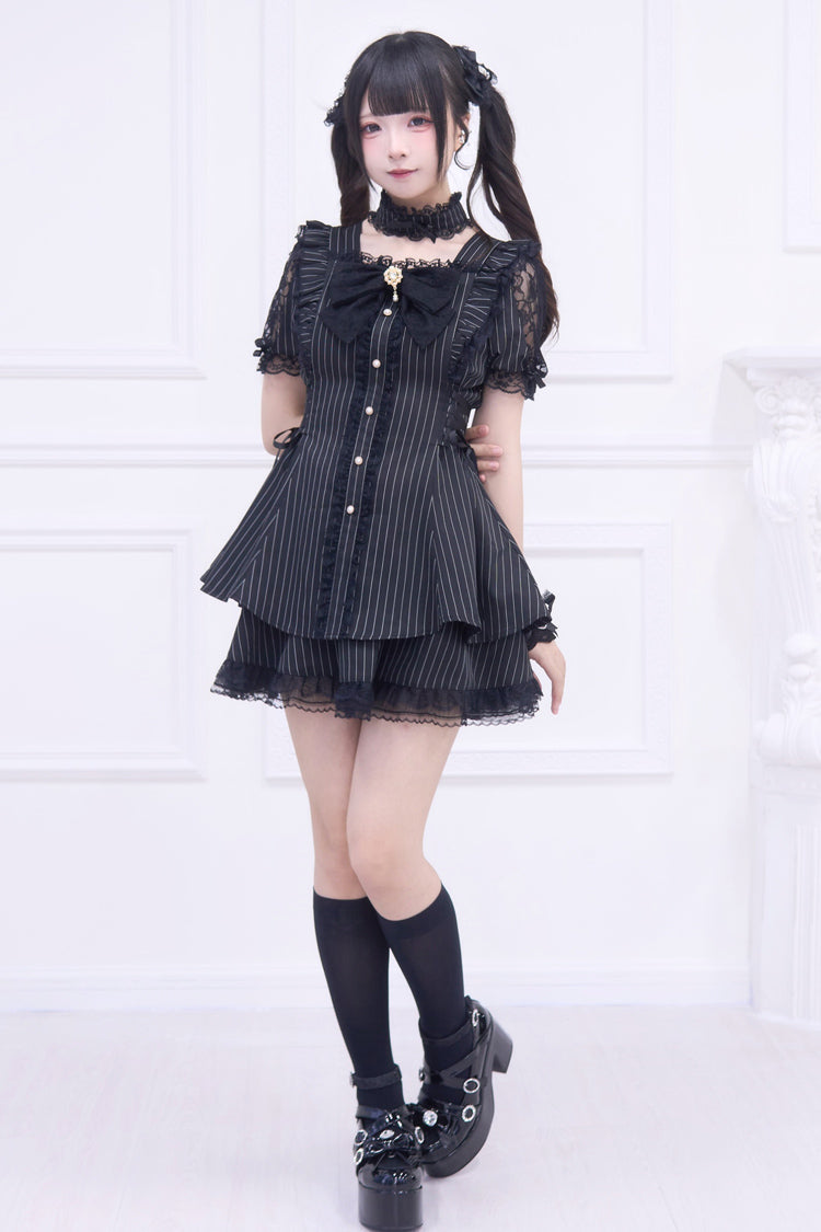 Black [Waltz] Short Sleeves Stripe Print Ruffle Bowknot Gothic Jirai Kei Japanese Dress Set - Product - 5