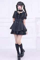 Black [Waltz] Short Sleeves Stripe Print Ruffle Bowknot Gothic Jirai Kei Japanese Dress Set - Product - 5