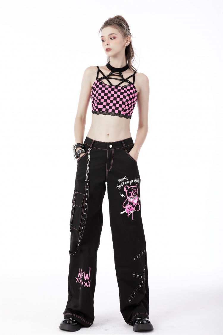 Black Dangerous Bear Chain-Decorated Women's Grunge Bell Bottom Pants - Product - 12