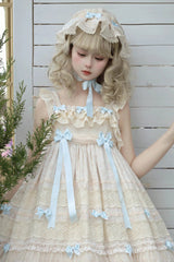 Beige [Little Wind Chime] Sleeveless Multi-Layered Printed Ruffled Bow Lace Sweet Elegant Princess Lolita Jsk Dress - Product - 5
