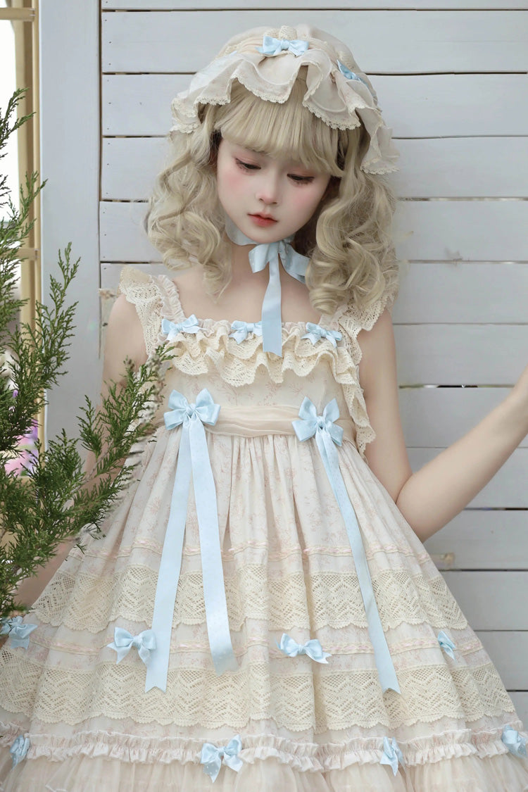 Beige [Little Wind Chime] Sleeveless Multi-Layered Printed Ruffled Bow Lace Sweet Elegant Princess Lolita Jsk Dress - Product - 5