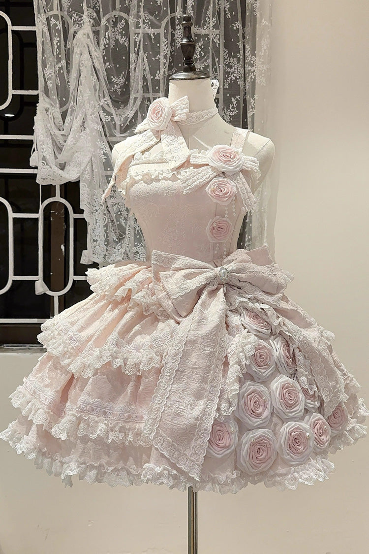 [Rose of Confession] Sleeveless Ruffle Bowknot Lace Asymmetric Sweet Elegant Lolita Jsk Dress 2 Colors - Pink - 1
