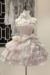 [Rose of Confession] Sleeveless Ruffle Bowknot Lace Asymmetric Sweet Elegant Lolita Jsk Dress 2 Colors - Pink - 1