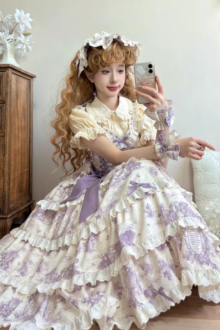 Purple [Grape Moon Almanac] Sleeveless Multi-Layered Printed Ruffled Bow Adjustable-Length Sweet Lolita Jsk Dress - Product - 8