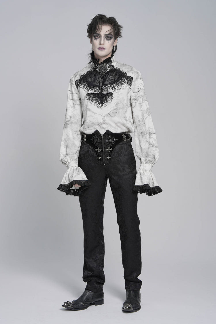 White Stand Collar Long Trumpet Marble Printed Sleeves Embroidered Spliced Men's Gothic Palace Shirt - Product - 5