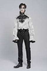 White Stand Collar Long Trumpet Marble Printed Sleeves Embroidered Spliced Men's Gothic Palace Shirt - Product - 5