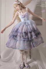 Multi-Color Three-layer Swan Lake Print Oil Painting Ruffle Bowknot Sweet Lolita Jsk Dress - Product - 2