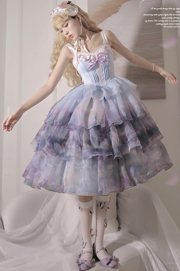 Multi-Color Three-layer Swan Lake Print Oil Painting Ruffle Bowknot Sweet Lolita Jsk Dress - Product - 2