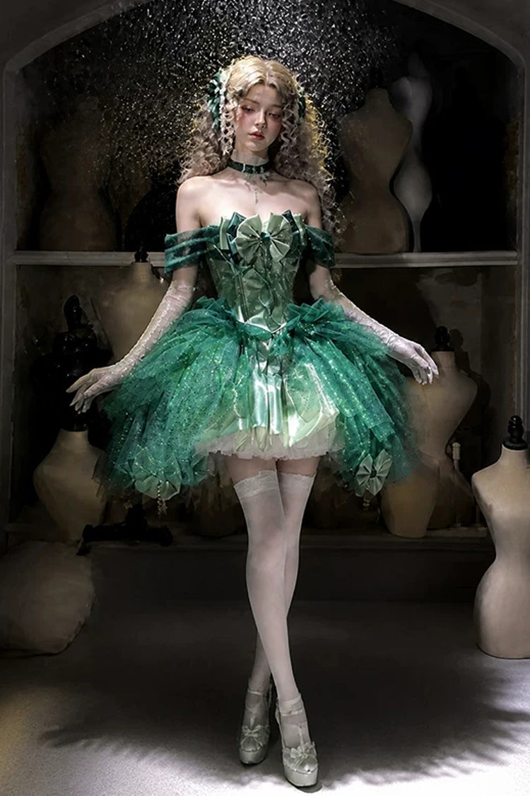 Green [Mermaid Tears] Off Shoulder High Waisted Ruffled Bow Sweet Princess Lolita Dress - Product - 2