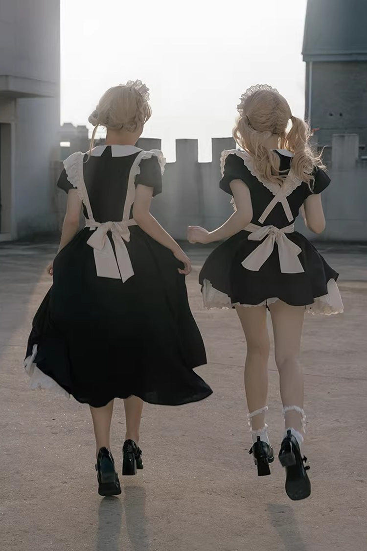 Black/White Round Collar Short Sleeves Ruffled Bow Sweet Elegant Lolita Maid Dress 2 Versions - Product - 5