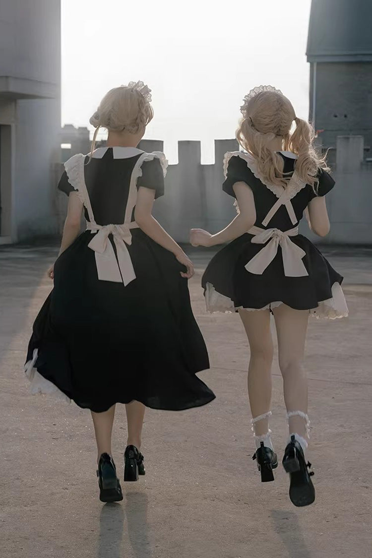 Black/White Round Collar Short Sleeves Ruffled Bow Sweet Elegant Lolita Maid Dress 2 Versions - Product - 5
