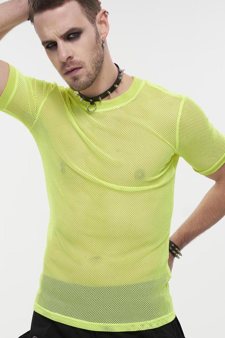 Yellow Gothic Crew Neck Diamond-Shaped Net Hyperelastic Short Sleeve Men's T-Shirt - Product - 3