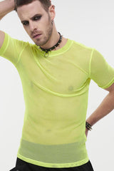 Yellow Gothic Crew Neck Diamond-Shaped Net Hyperelastic Short Sleeve Men's T-Shirt - Product - 3