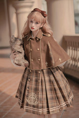 Brown Royal Detective Stripe Print Long Sleeves Classic Lolita OP Dress - Product - 2
