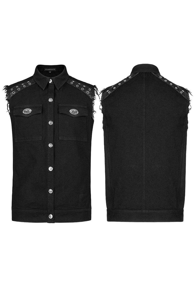 Black Punk Elastic Twill Fabric Featured Flap Pocket Metal Accessories Sleeveless Men's Vest - Product - 5