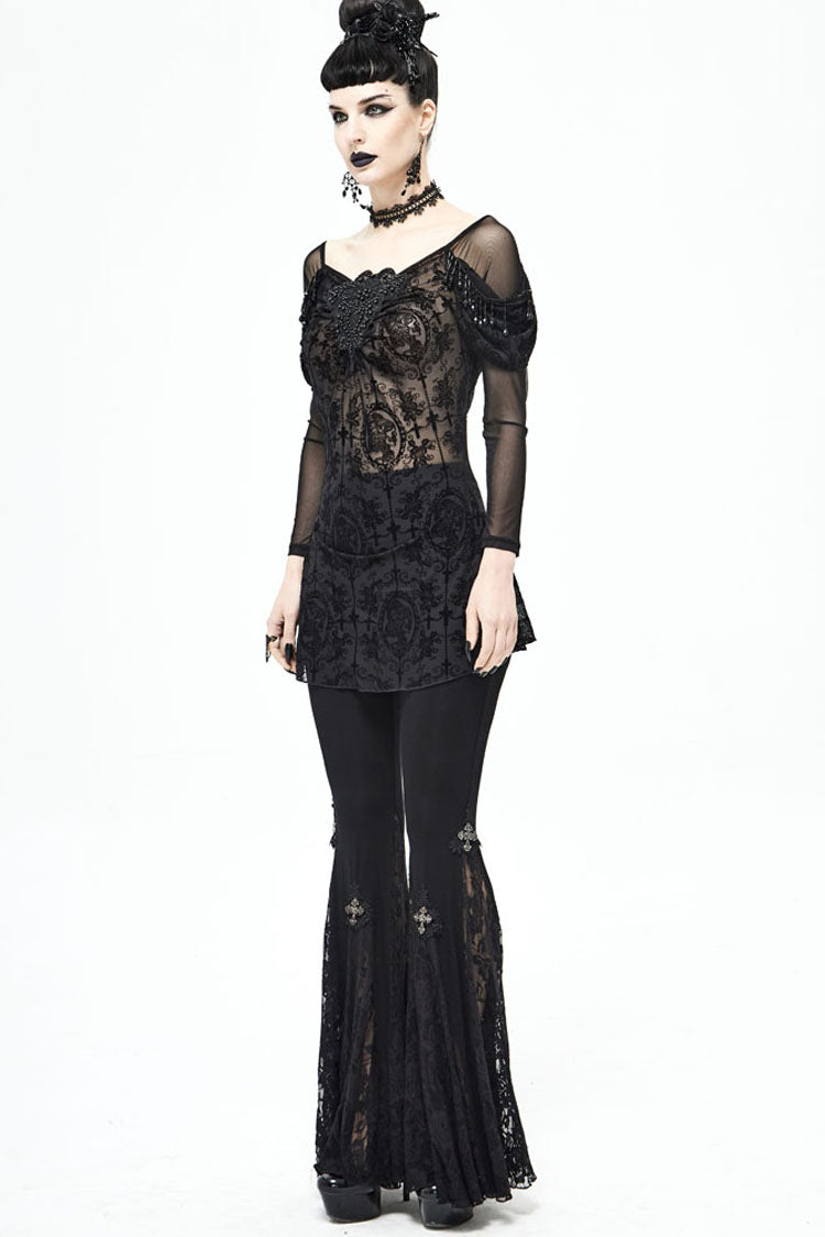 lack Gothic Off-Shoulder Front Chest Decals Bead Sleeve Beaded Tassel Webbing Flocking Print Women's Shirt - Product - 8