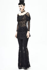 lack Gothic Off-Shoulder Front Chest Decals Bead Sleeve Beaded Tassel Webbing Flocking Print Women's Shirt - Product - 8