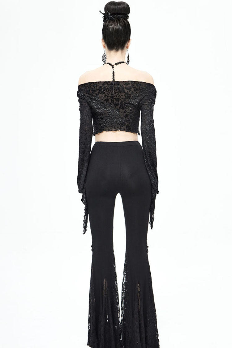 Black Long Sleeve Burnt Velvet Off-Shoulder Women's Punk Shirt - Product - 7
