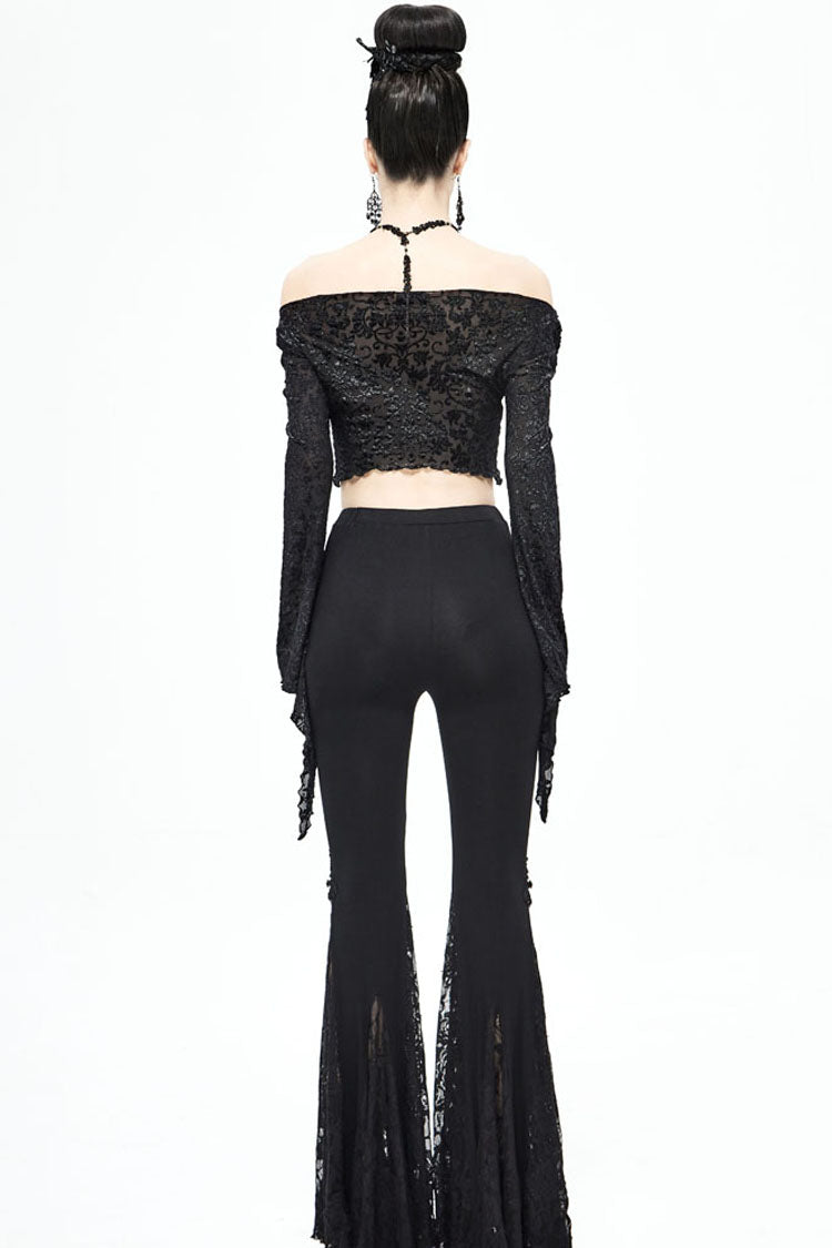 Black Long Sleeve Burnt Velvet Off-Shoulder Women's Punk Shirt - Product - 7
