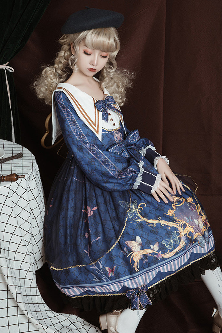 Blue Navy Collar Long Sleeves Butterfly Print Ruffle Bowknot Sweet Elegant Princess Lolita Dress - Product - 6