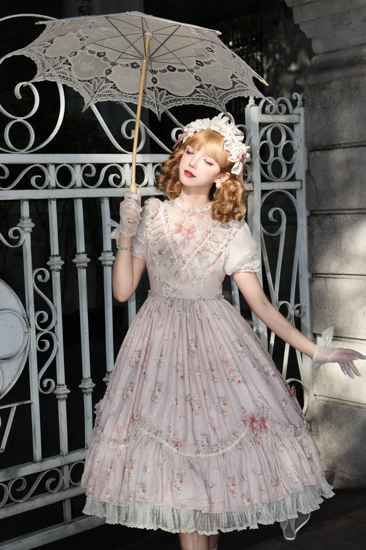 [Daydream Rose] Short Sleeves Floral Jacquard Print Ruffle Embroidery Bowknot Sweet Lolita Dress 3 Colors - Product - 20