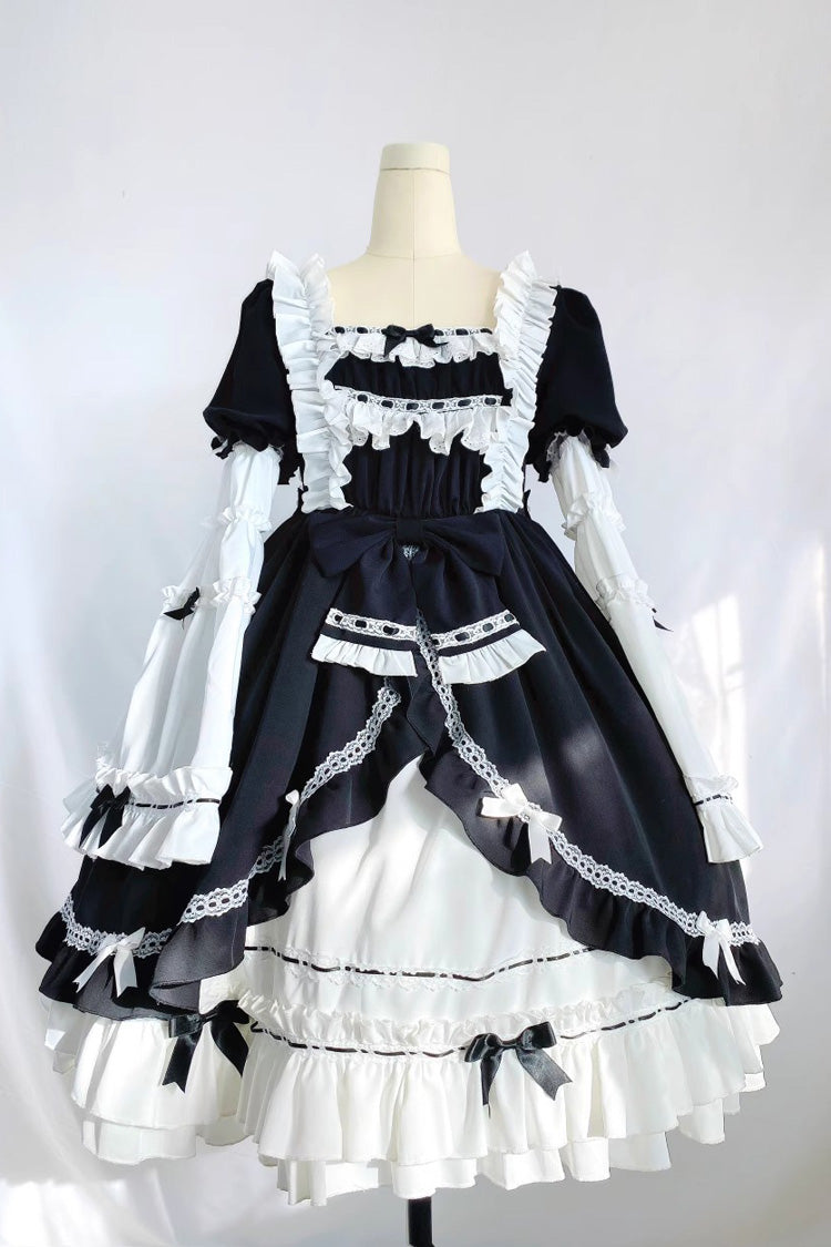 White/Black Long Sleeves Cardigan Bowknot Maid Gothic Lolita Dress - Product - 3