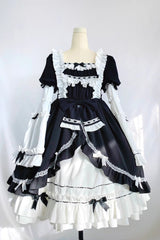White/Black Long Sleeves Cardigan Bowknot Maid Gothic Lolita Dress - Product - 3
