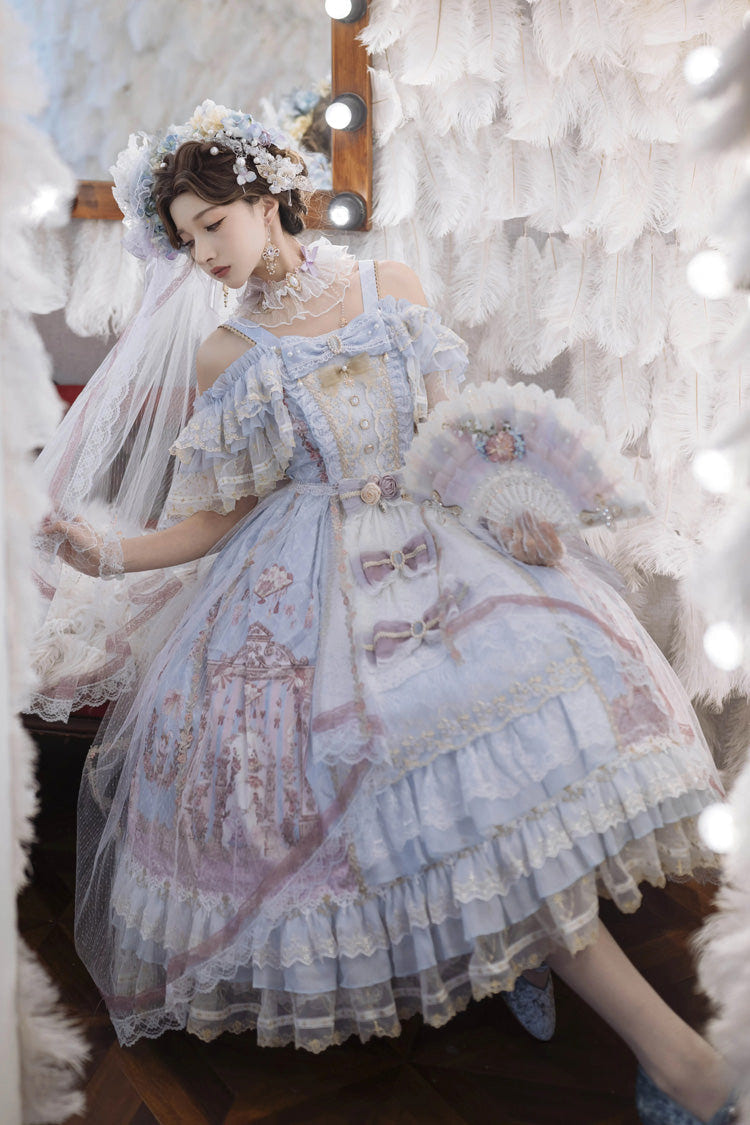 Blue [Moonlight Melody] Off Shoulder Sleeveless Multi-Layered Hanayome Open-Front Bow Lace Sweet Gorgeous Lolita Jsk Dress Set - Product - 5