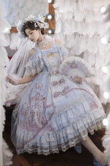 Blue [Moonlight Melody] Off Shoulder Sleeveless Multi-Layered Hanayome Open-Front Bow Lace Sweet Gorgeous Lolita Jsk Dress Set - Product - 5