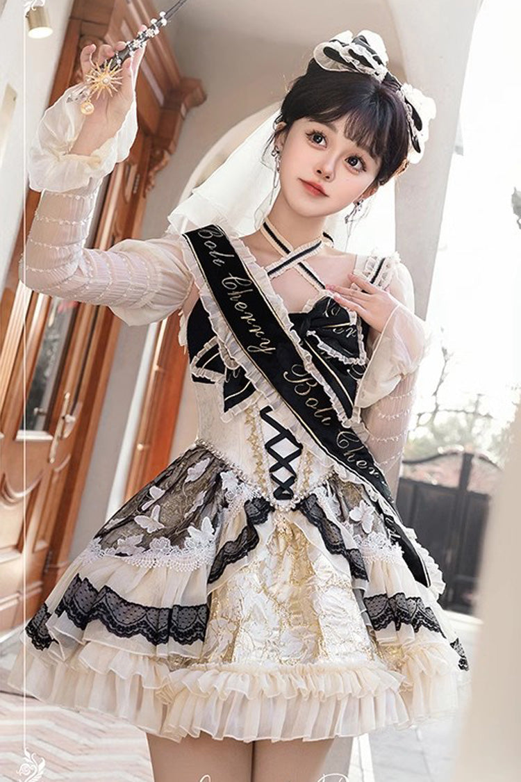 Black/Gold [Lilibet] Print Ruffle Cardigan Bowknot Lace Fishbone Sweet Lolita Dress - Product - 3