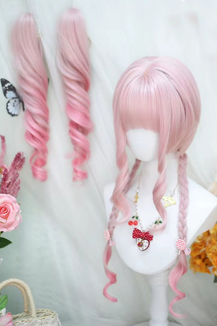 Cream Pink Ombre Roman Curl Twintails Sweet Lolita Wig Set detail view 3