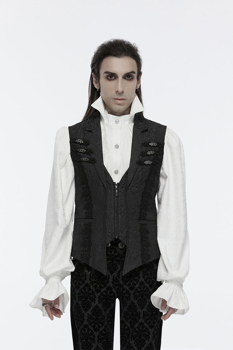 Black Sleeveless Jacquard Buckle Zip Men's Gothic Waistcoat - Black - 1