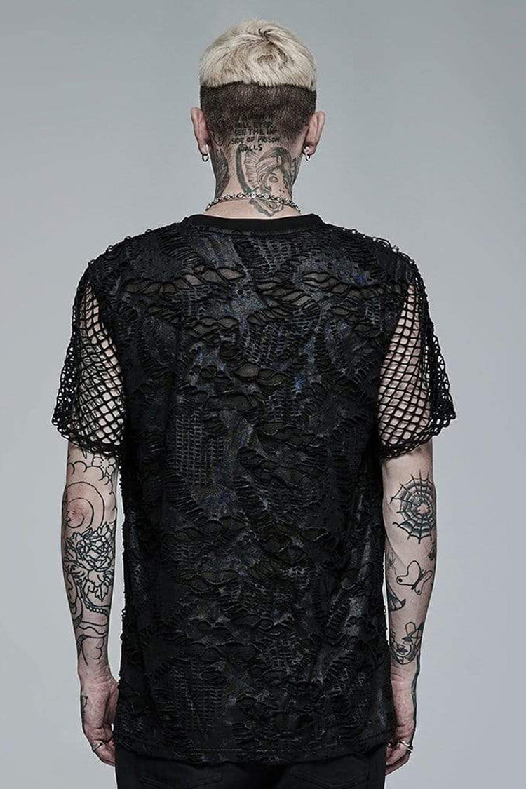 Black Punk Irregular Ripped Mesh Stitching Stretch Loose Knit Short Sleeved Men's T-Shirt - Product - 3