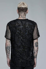 Black Punk Irregular Ripped Mesh Stitching Stretch Loose Knit Short Sleeved Men's T-Shirt - Product - 3