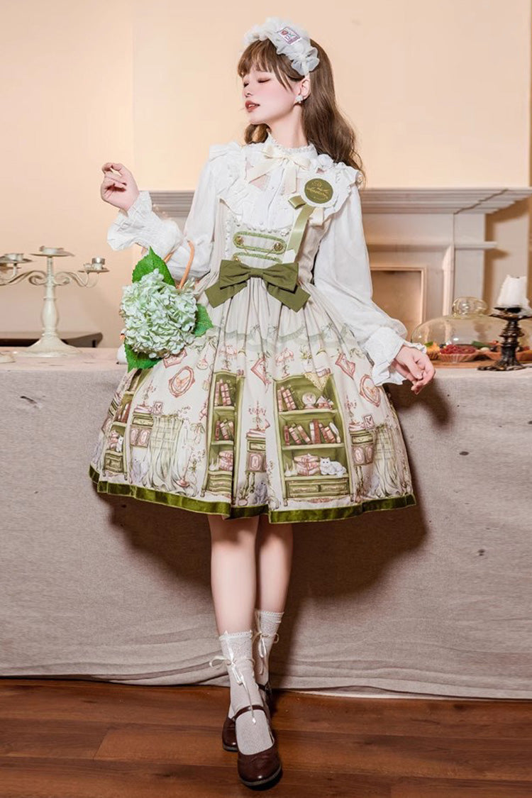 Green Ai Luo Book House Print Chest Support Bowknot Sweet Lolita Jsk Dress - Green - 1